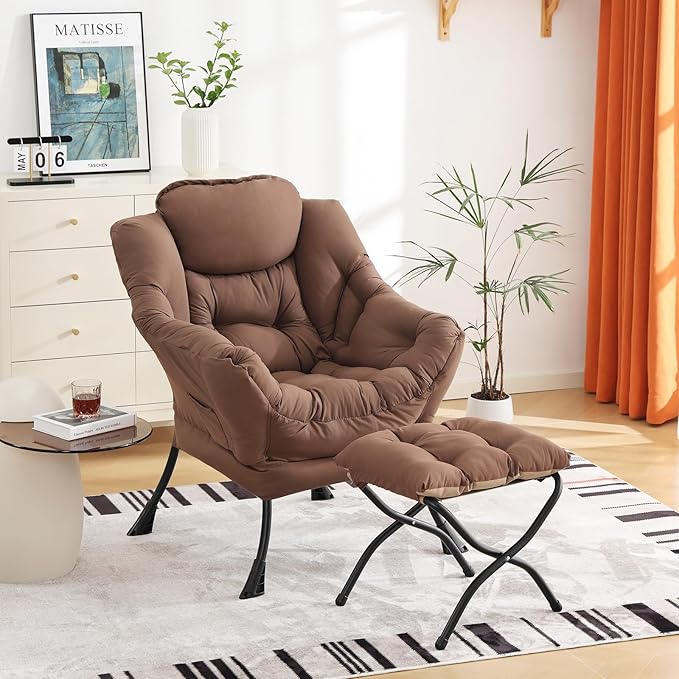 Cozy Lazy Chair and Ottoman, Large Contemporary Accent Lounge Chair Set, Leisure Upholstered Reading Armchair for Bedroom, Living Room, Dorm Rooms, Office