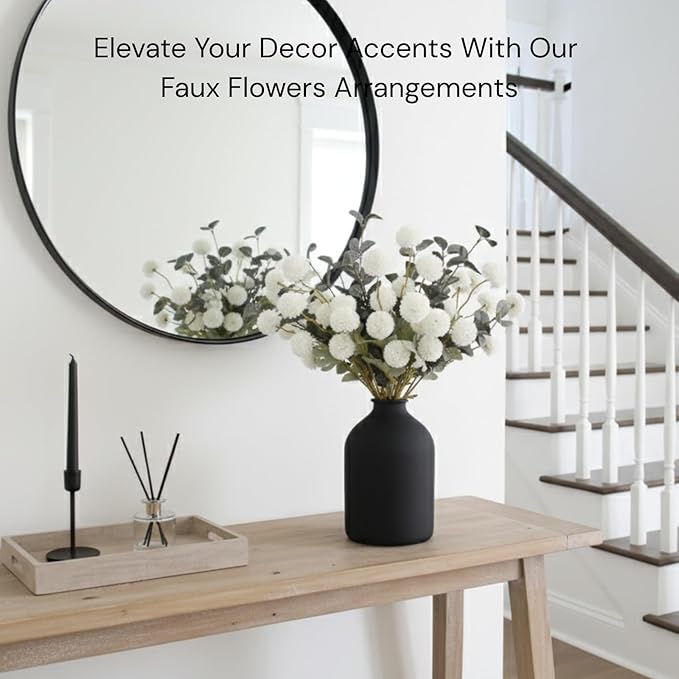 RyddeligHome White Faux Flowers for Vase - Kiku 10 Stems & Eucalyptus, Fake Flowers Stems for Pottery Vase, Realistic Artificial Flowers, Pom Pom Balls for Aesthetic Farmhouse Barn Room Decor