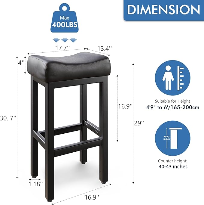 29 Inch Bar Height Bar Stools Set of 2, 29" Barstools for Kitchen Island Counter, Backless Bonded Leather Bar Height Stools with Thick Saddle Seats & Heavy Duty Metal Base, Easy Assembly, All Black