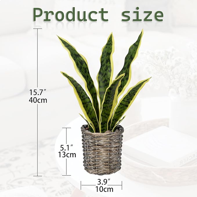 DILATATA Artificial Snake Plant 15 Inch Fake Sansevieria with Woven Basket Pot, Fake Mother in Law Plants Faux Potted Plant Greenery for Home Office Decor Indoor - Yellow