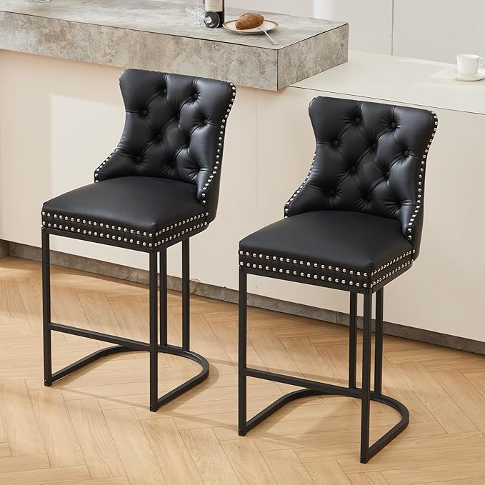 Counter Height Bar Stools Set of 2, 24" Modern Barstools with Back, Faux Leather Upholstery Counter Chairs with Metal Legs for Kitchen Island, Bar, Counter, Black