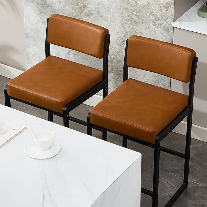 Mid Century Modern Counter Height Bar Stools Set of 3, 26" Bar Height Chairs with Backs, Upholstered Counter Stools, Metal Barstools for Kitchen Island (Brown- Faux Leather, 26"H - Set of 3)