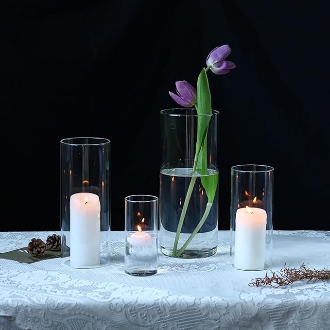 PHOSPHOR 4 PCS Glass Candle Holder, Hurricane Candle Hoder, Glass Pillar Candle Holder, Clear Cylinder Candleholder Cylinder Vase for Centerpieces Wedding Party Decoration