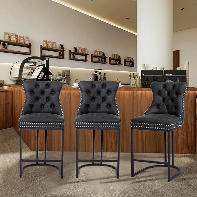 Counter Height Bar Stools Set of 3, 24" Modern Barstools with Back, Faux Leather Upholstery Counter Chairs with Metal Legs for Kitchen Island, Bar, Counter, Black