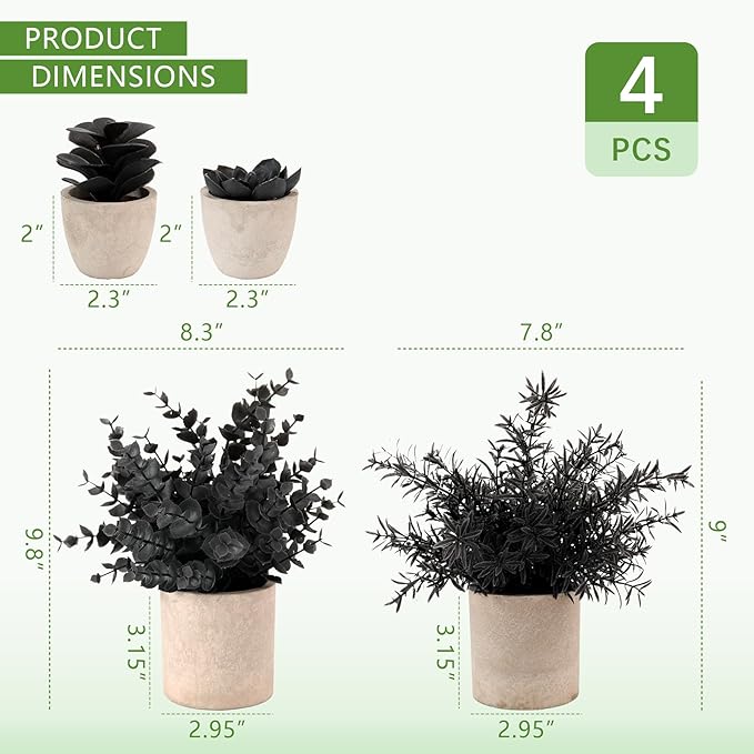 ALAGIRLS 4 Packs Fake Plants Small Artificial Plants Indoor Black Eucalyptus Rosemary Succulents Plants Potted Faux Plants for Home Indoor Office Bathroom Living Room Decor