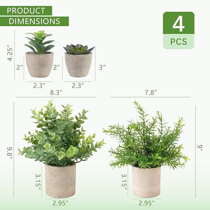 ALAGIRLS 4 Pack Small Fake Plants, 10" Artificial Plants Indoor Eucalyptus/Rosemary/Succulents, Small Faux Plants in Pulp Pot for Bathroom Bedroom Kitchen Office Living Room Decor