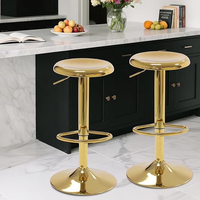 Bar Stools - 2 Pack, Adjustable Swivel Height Counter Bar Stool, Modern Metal Barstools, Backless Barstool for Bar, Kitchen Island, Pub, Gold