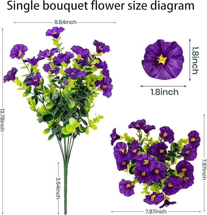 Artificial Outdoor Flowers 16 Bundles Fake Morning Glory Flower Outdoor UV Resistant Plastic Faux Flowers Plants for Decoration Indoor Outdoor Hanging Window Box Planter Home Porch Decor (Purple)