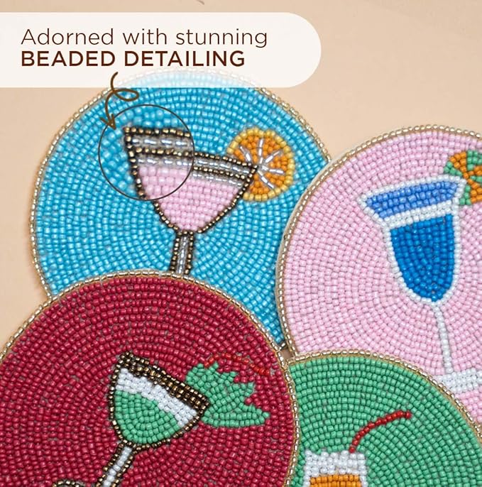 Folkulture Boho Coasters for Drinks or Coffee Table | 4" Cute Cocktails Coasters Set of 4 for Farmhouse Decor | Square Decorative Coaster Set for Table Decorations