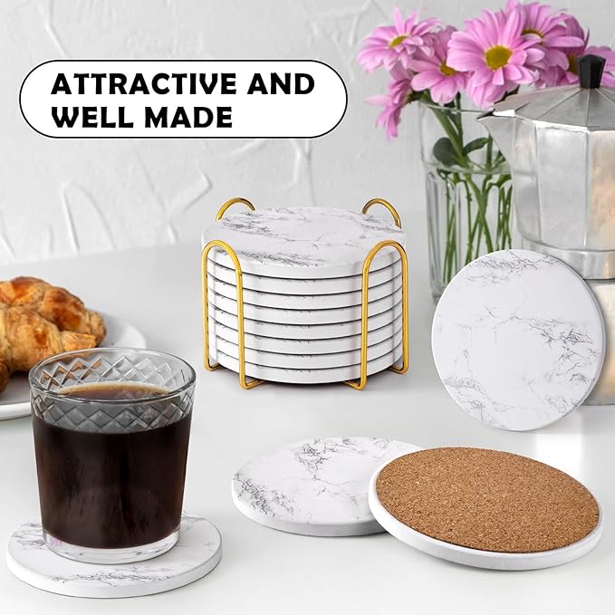 GOH DODD Coasters for Drinks Set of 8, Absorbent Stone Marble Style Ceramic Coaster Tabletop Protection Home Decor with Metal Holder for Coffee Table Housewarming Gifts Wedding Party, White, 4 Inches