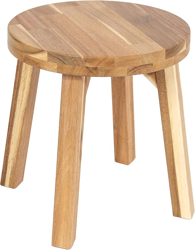 Round Stool Acacia Wood, 12" Height, 11" Round Top, Backless, Easy Assembly, Natural Wax Finish, Wooden Stool for Plant, Dining Room, Living Room, Garden, Makeup