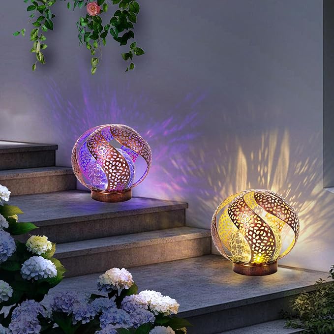 Solar Lights Outdoor - Ramadan Decor for Outside Garden, Hollow Light With Glass Globe, Lantern Gardening Gifts for Women, Mom, Pathway, Balcony, Tabletop Decoration