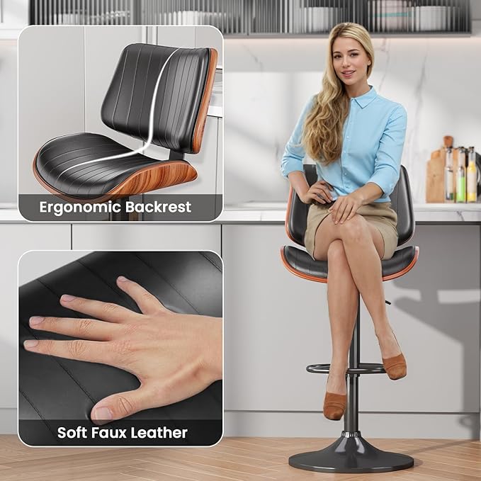 Swivel Bar Stools Set of 2, Adjustable Bentwood Barstools for Kitchen Counter, Mid-Century Modern PU Leather Upholstered Bar Chair with Back and Footrest, for Kitchen Island, Bar, Dining Room, Black