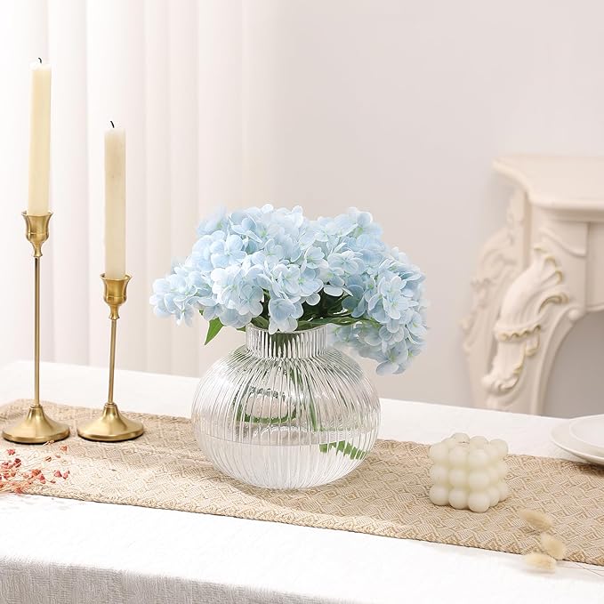 Round Glass Vase, Flower Vases for Bouquet, Ribbed Glass Vases for Flowers, Small Clear Vase for Living Room, Office, Coffee Table, Shelf, Wedding, 6 Inches