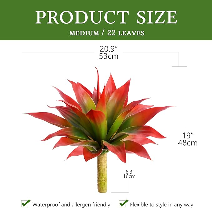 Artificial Agave 22" Faux Agave Fake Greenery Outdoor Artificial Plant Fake Plant for Indoor Home Decoration Plastic Plant Outdoor Decor Front Porch Decor Simulation Plants (Red 2Pcs) No Vase