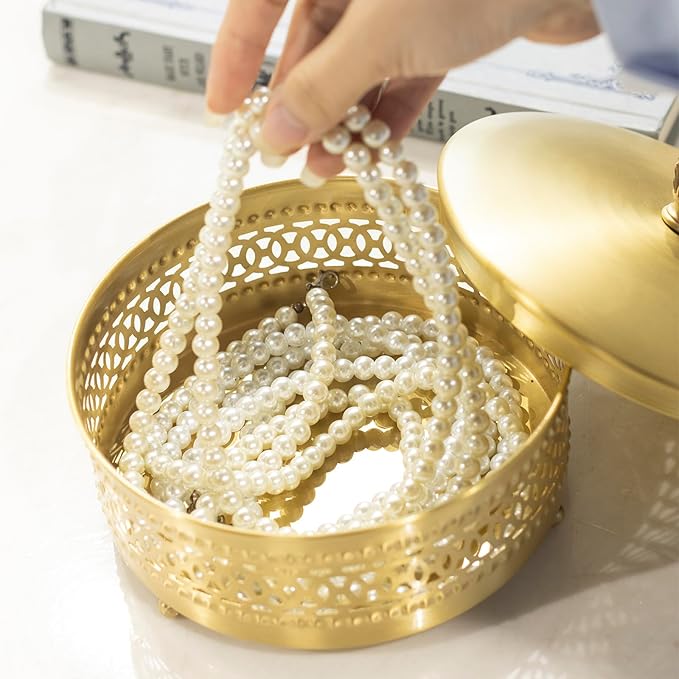 Gold Brass Decorative Boxes With Strawberry shape Handles, Jewelry Boxes Modern Storage Boxes，Round Hammered Metal Container, Brass Finish