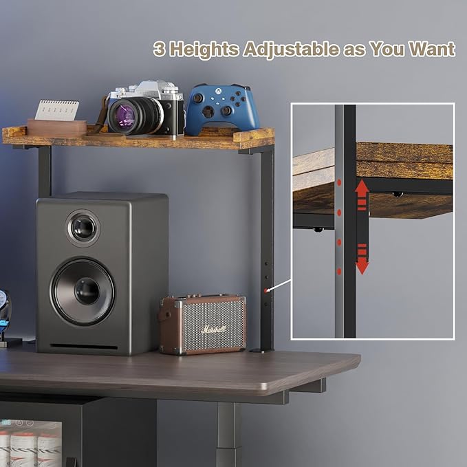 Clamp On Desk Shelf 2-Tier, 16.5 in Wood Shelving Unit for Office Desk/Gaming Accessories, Tabletop Book Storage Rack, Shelf for Top of Desk, Brown