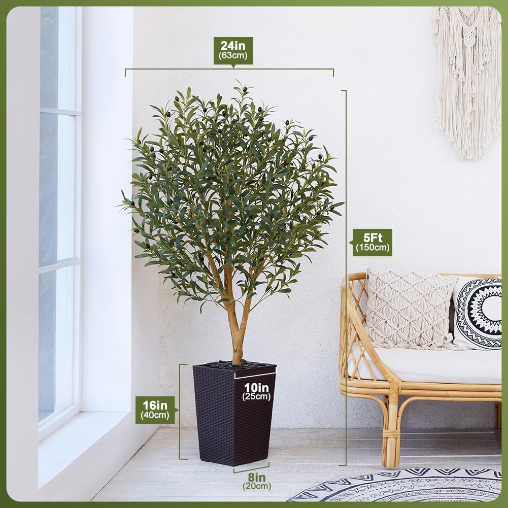 Artificial Olive Tree 5FT, Faux Olive Trees with Real Wood Trunk, UV Resistant Fake Plants in Planter & River Rocks, Indoor Tall Silk Plant for Home Living Room Office Outdoor Decor, VN133