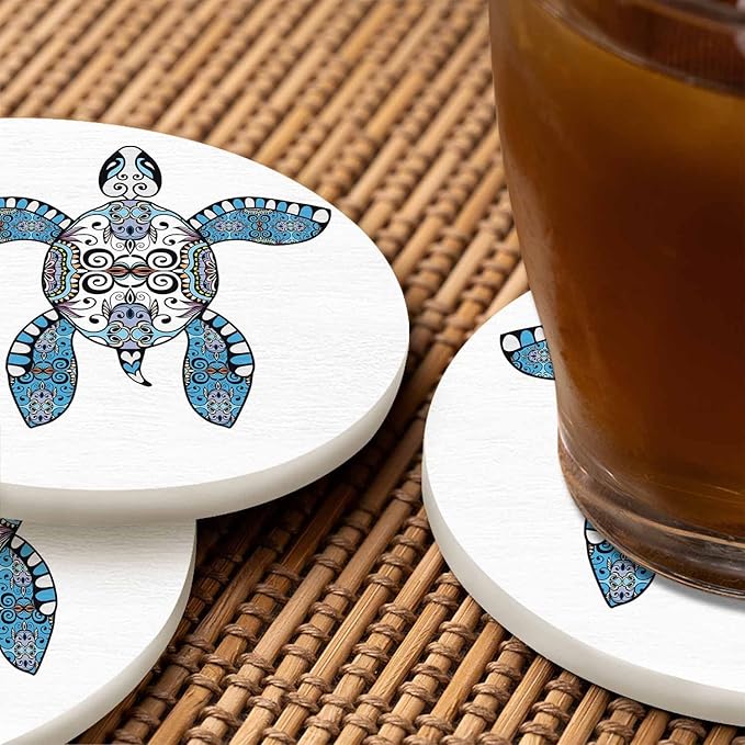 Cartoon Turtle Coasters Set for Wood Table Floral Geometric Pattern Ocean Animal Tribal Boho Paisley Tabletop Protection Mat for Mugs and Cups 4 Inch for Kitchen Office Home
