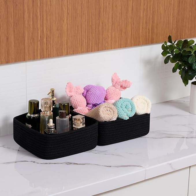 Small Square Shallow Baskets for Organizing, 9.7x9.7x4.3 Inch Rope Woven Storage Bins for Cubes Closet, Shelves Storage, Boho Decorative Basket, 2 Packs Black