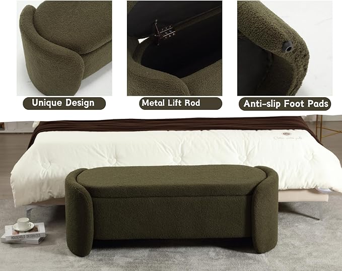 Modern Green Storage Ottoman Bench - Upholstered Boucle Teddy Fabric 50" End of Bed With Sherpa Seating for Bedroom/Entryway/Living Room/Window