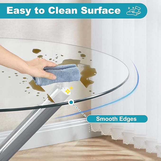 Kitchen Table Classic Dining Table for 4 Round Glass Dining Table 35.43" Kitchen & Dining Room Tables with Metal Legs and Glass Tabletop for Dining Room and Apartment, Silver