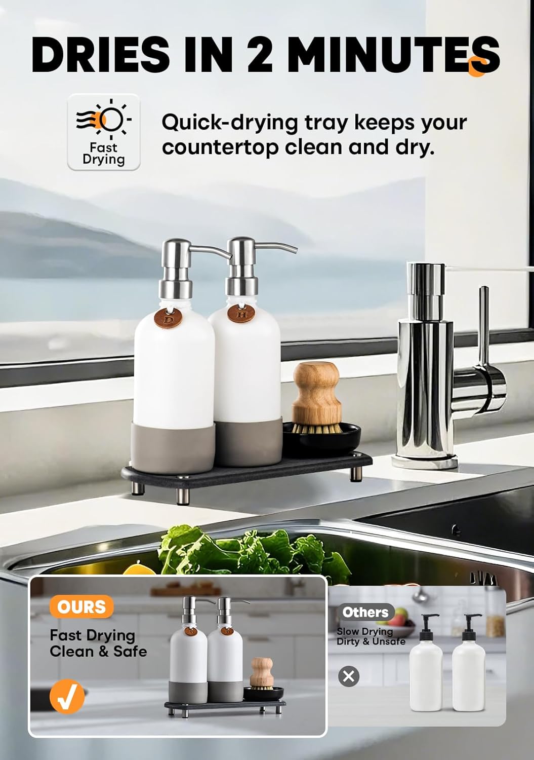 [Luxurious] Hand and Dish Soap Dispenser Set, Kitchen Soap Dispenser Set with Handmade Leather Tag, Instant Dry Tray, Stainless Steel Pump, Non-Slip Pad, Add Elegant Touch to Your Kitchen Sink