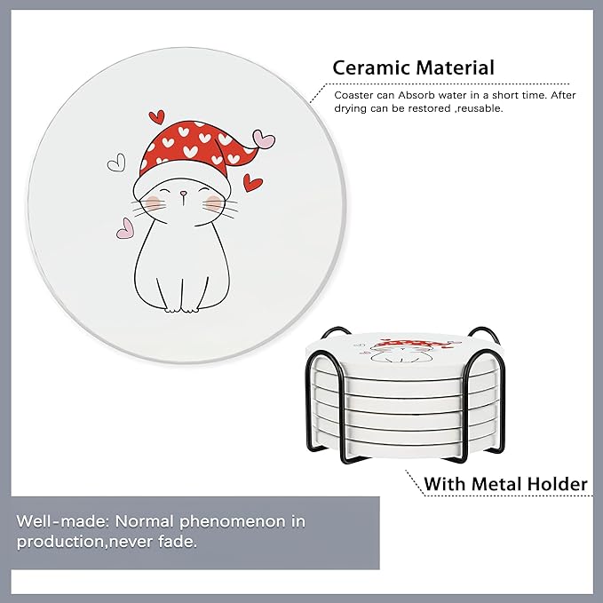 6 Pcs Coasters for Drinks with Holder,Sweet Cat in Love Cute Absorbent Coaster with Cork Backing,Great Gift for Housewarming,Room Decor,Bar,Holiday Party