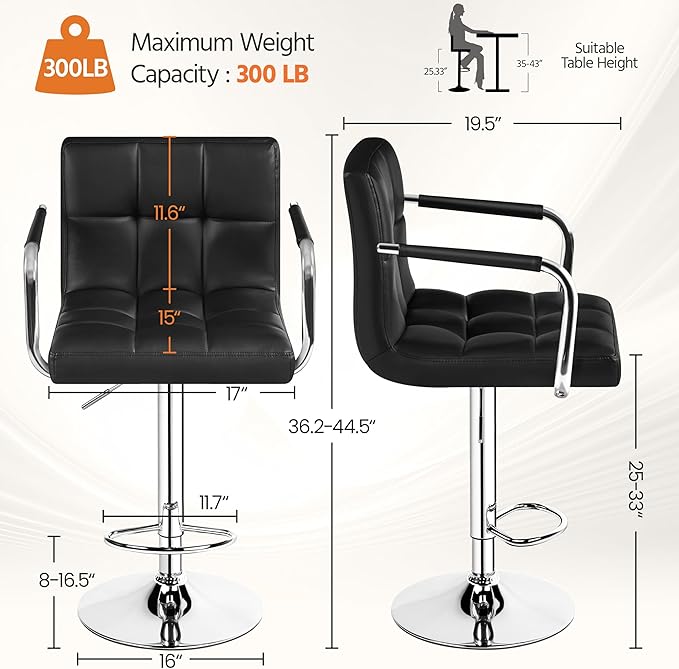 Yaheetech Bar Stools, PU Leather Adjustable Swivel Barstools, Hydraulic Kitchen Counter Height Bar Chairs with Armrest and Back for Kitchen, Dining Room, Black
