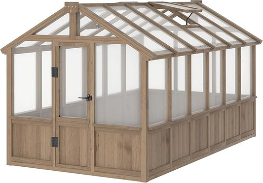 BlueWish 6x12FT Greenhouse, Wood Greenhouses with 6MM Thick Polycarbonate, Adjustable Vent, Cedar Frame, Greenhouse for Outside, Garden, Backyard,Light Brown Mocha