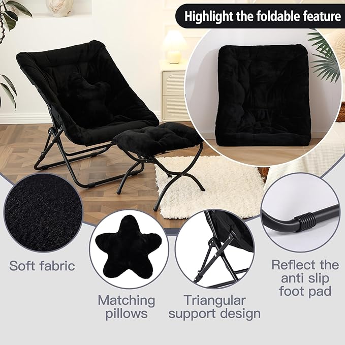 Welnow Comfy Saucer Chair with Ottoman, Oversized Folding Reading Chair for Adults with Throw Pillow Soft Faux Fur Lounge Chair for Bedroom Furry Accent Chair for Living Room, Dorm Rooms, Black