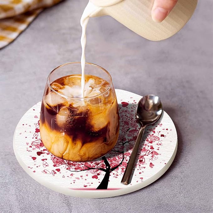 Valentine Tree with Hearts Drink Coasters Modern Wedding Branch Leaf Art Love Symbol Pink Tree Housewarming Presentss for New Home Present for Friends,2 Pcs,4 X 4 X 0.35 Inches