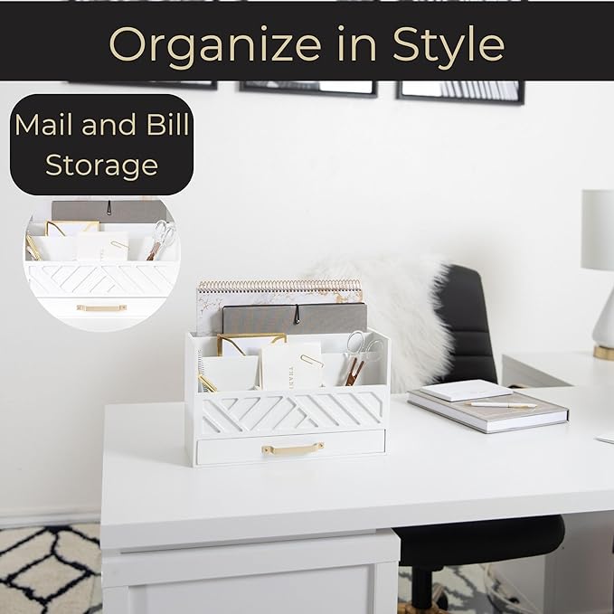 BLU MONACO White Wooden Mail Organizer with Drawer and Gold Handle – Desk Accessories for Office Organization and Storage – Home, Office, and Classroom Supplies