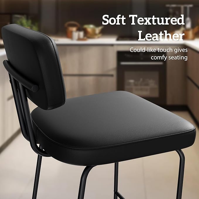 Counter Height Bar Stools Set of 2, 26" Faux Leather Kitchen Counter Stools with Backs, Metal Legs, Footrest, Bar Chairs for Kitchen Island, Black
