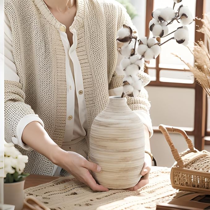 ALMA 9 Inch White Boho Vase for Modern Farmhouse|Ceramic Pampas Grass Vases|Decorative Rustic Vase for Home Decor, Modern Farmhouse, Coffee Table, Shelf, Mantel Decor