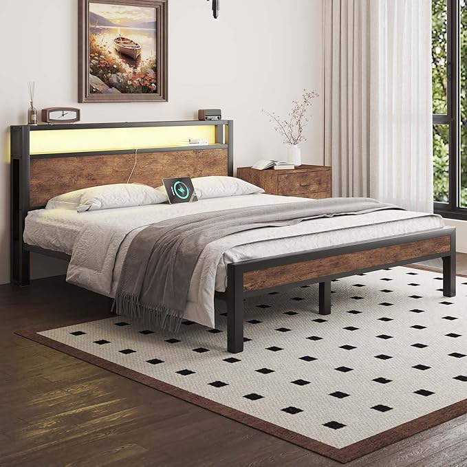 Full Size Bed Frame with Storage Headboard, Industrial Platform Bed with Charging Station and LED Lights, Heavy Duty Metal Slats, No Box Spring Need, Noise Free, Rustic Brown