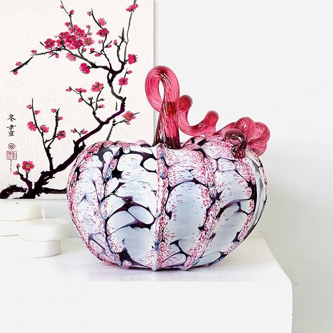 Luke Adams Glass Handmade Glass Pumpkins Handmade Table Top Home Decor (Squat, Cherry Blossom)