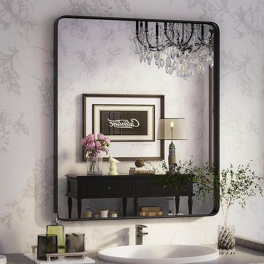 ISKM Wall Framed Mirror for Bathroom 28" x 36" Rectangular Hanging Mirror Farmhouse Wall Mounted Mirror Tempered Glass