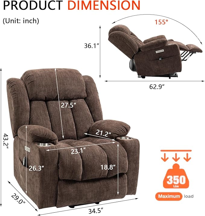 Power Lift Recliner Chair, 350lb Capacity with 8-Point Massage & Heating, USB/Type-C Ports & Cup Holders, Heavy Duty Chenille Recliner for Elderly, Brown