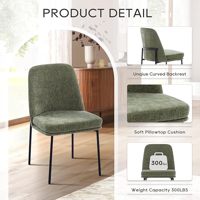 COLAMY Modern Dining Chairs Set of 6, Fabric Upholstered Dining Room Chairs Dinner Chair Stylish Kitchen Chairs with Curved Back and Metal Legs, Green