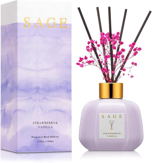 SAGE Hotel Reed Diffuser - Inspired by Ritz Carlton Hotel | 3.4oz Vanilla Strawberry Scent Diffusers for Home | Preserved Real Flower & Oil Diffuser Sticks | Nightstand or Bathroom Decor for Shelves