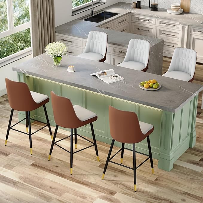 Grey Bar Stools Set of 6,27" Counter Height Bar Stools Set of 6,Faux Leather Counter Stools with Soft Padded Seat & Curved Backrest,Modern Kitchen Island Chairs for Dining Café