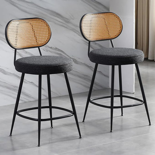26" Rattan Barstools Set of 2, Counter Height Bar Chair with Black Metal Legs, Modern Armless Sherpa Pub Chair, Adjustable Feetpads Stools for Home Counter, Kitchen Dining Island, Cafe(Black)