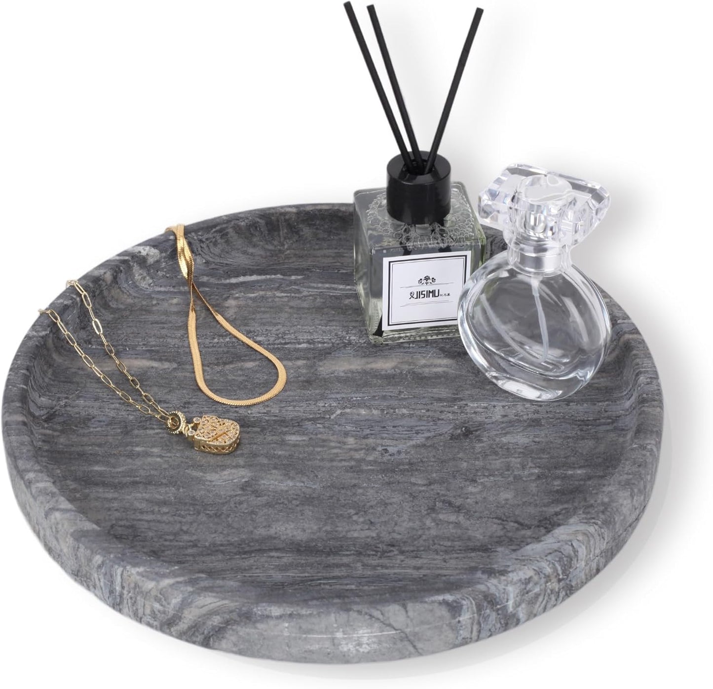 WORHE Natural Marble Vanity Tray for Bathroom Bedroom Kitchen Dresser, Round Decorative Trays for Jewelry, Perfume, Cosmetic, Candle, Countertop Storage Organizer for Home Decor Gray Black (WH017)