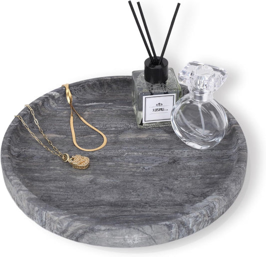 WORHE Natural Marble Vanity Tray for Bathroom Bedroom Kitchen Dresser, Round Decorative Trays for Jewelry, Perfume, Cosmetic, Candle, Countertop Storage Organizer for Home Decor Gray Black (WH017)