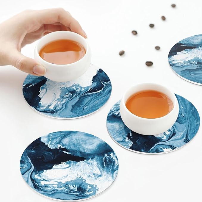 Blue Ocean Marble Coasters Set of 6 Coasters for Drinks Absorbent Double-Sided Leather PVC Coaster for Tabletop Protection Coffee Table Decor Ideal for Home Decor House Warming Gifts