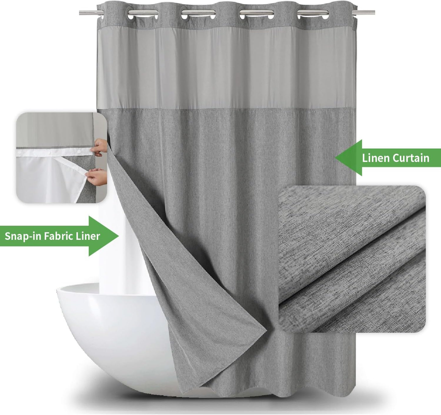 Long No Hooks Needed Linen Textured Shower Curtain with Snap-in Fabric Liner Set,Grey Hotel Luxury Decor Shower Curtains for Bathroom,Waterproof & Washable,71Wx80H