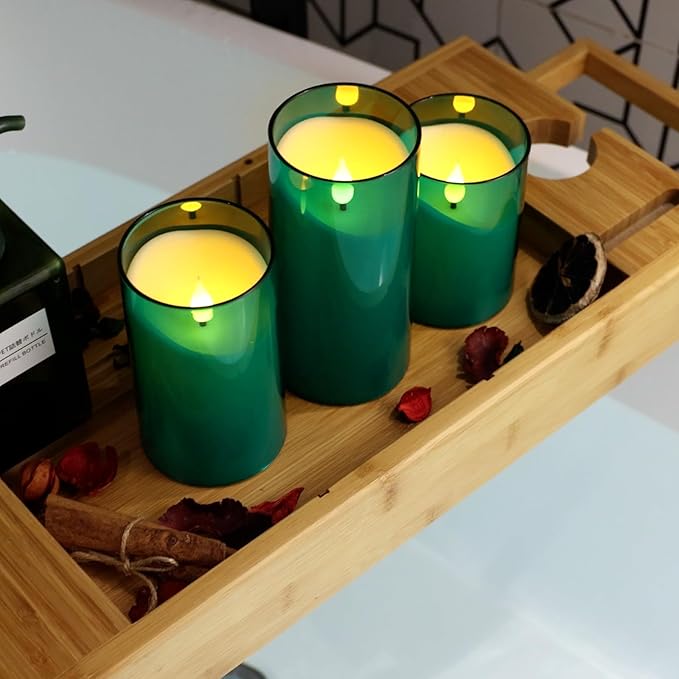 NURADA Flameless Candles: 3D Wick Battery Operated LED Pillar Acrylic Fake Candles with Remote and Timer for St. Patrick's Day Home Holiday Christmas Party Table Decor - 3 Pack Green
