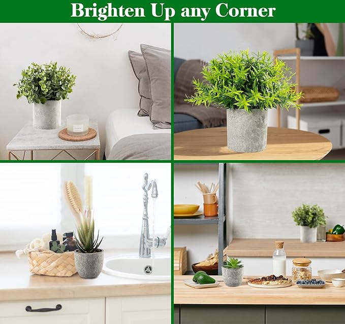 Lemonfilter 4 Pack Fake Plants, Small Eucalyptus Rosemary Succulents Artificial Mini Faux Potted Plants Fake Plant Indoor for Home Bathroom Bedroom Office Desk Desk Shelf Decor