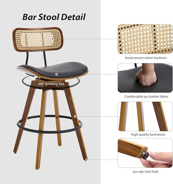 Swivel Bar Stools Set of 2, Faux Leather Counter Height Stools with Rattan Back, 26" Seat Height Upholstered Bar Chairs with Bentwood Wood Frame for Kitchen Island - Black